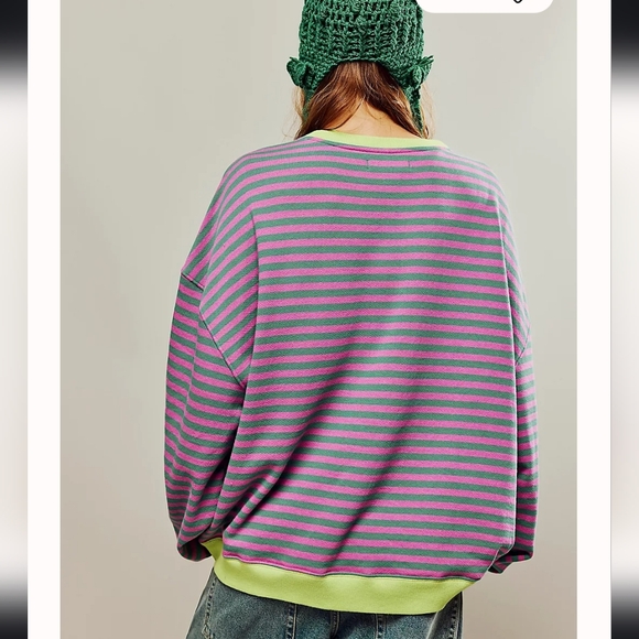 Free People Classic Striped Oversized Crewneck Sweatshirt  Sweater NEW! - Picture 2 of 7